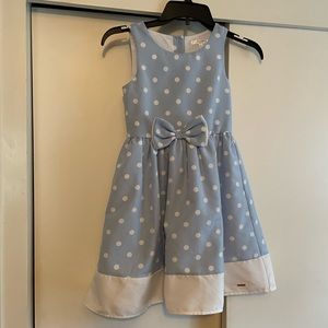 TAHARI Girls 7 Blue Polka Dot Sleeveless Fit & Flare Easter Dress